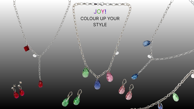 Designerschmuck Damen, handgefertigte Silberketten und Ohrringe mit bunten Kristallen – Kollektion Joy von Hug the Lioness
