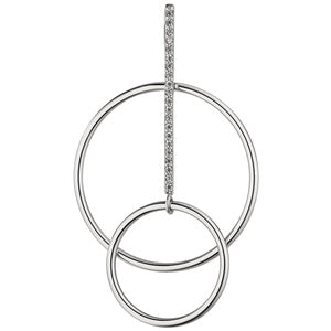Anhänger Silber, gehört zu Omegareif Lara mit Anhänger. Der zierliche Anhänger besteht aus 2 versetzten Kreisen. Die Kreise sind durch einen schmalen Steg verbunden. Der Steg ist mit 20 kleinen weißen Zirkonia besetzt. Der Anhänger ist 29,8mm breit und 50,7mm hoch.