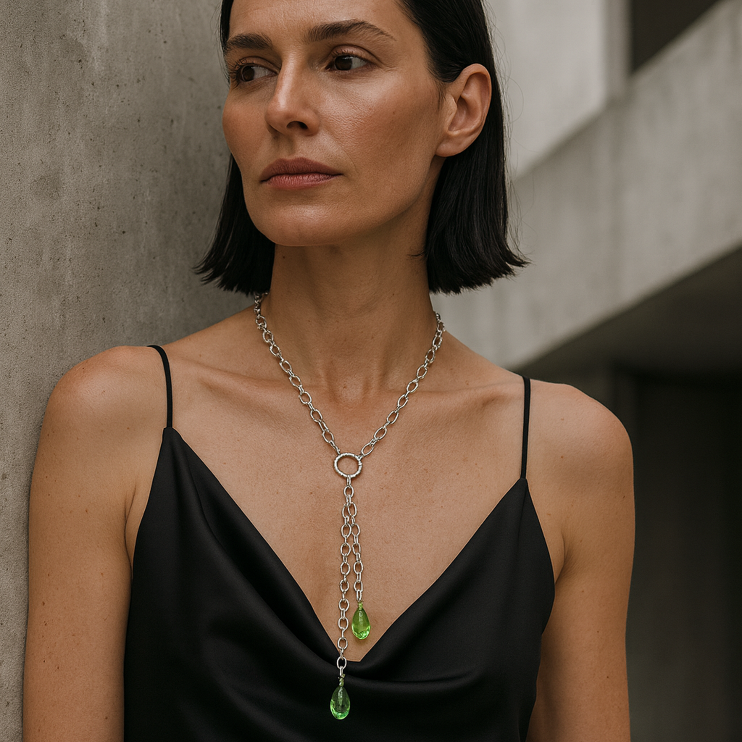 Ein Model trägt eine handgefertigte breite Gliederkette aus rostfreiem Edelstahl mit einem Ringverschluss vorne. Im Ringverschluss ist ein langer Anhänger angebracht, der aus 2 Ketten (17cm und 25cm) und jeweils einem peridot grünem Kristalltropfen am Ende der Ketten besteht. Der lange Anhänger kann auch abgenommen werden und die Kette mit dem Ringverschluss als kurzes Collier getragen werden. Die Halskette ist von der Schmuckmarke Hug the Lioness aus Österreich.