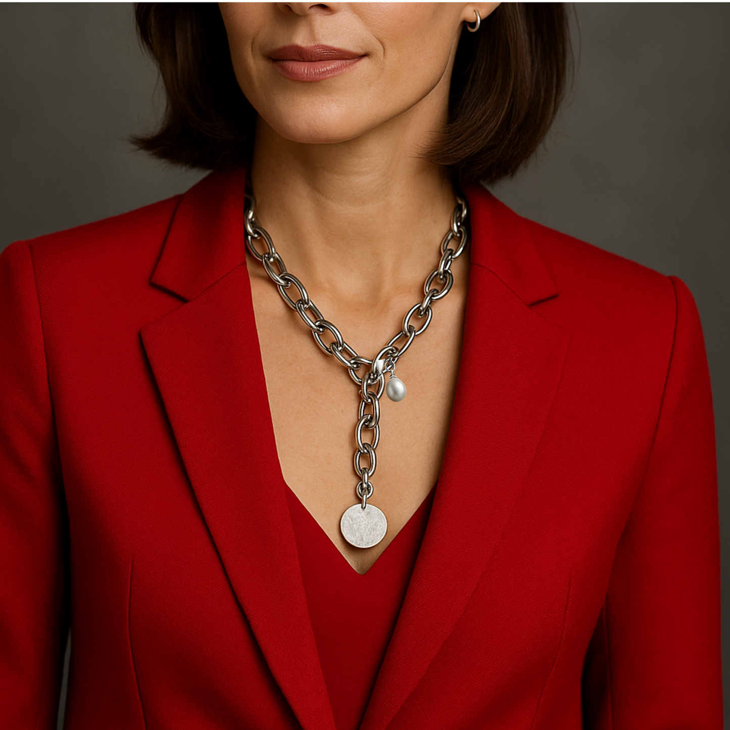 Frau mit exklusiver silberner Statement Y-Halskette 47cm aus 316L Edelstahl. Die Kettenglieder sind breit und glänzend. Die Halskette hat einen silbernen 20mm Anhänger aus gehämmerten Sterlingsilber in Form einer Münze. Die 9mm breite Kette hat einen Karabinerverschluss der vorne flexibel zu schließen ist. Neben dem Karabiner ist eine 8mm Perle befestigt. Edelstahlschmucke von der Schmuckmarke Hug the Lioness aus Österreich.