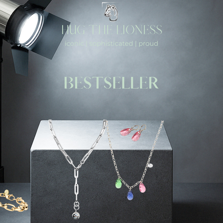 Bestseller Top10 handgefertigte Halsketten, Armketten und Ohrschmuck aus Silber oder Edelstahl, minimalistisch oder mit Kristallen. Schmuck von Hug the Lioness aus Wattens, Österreich.