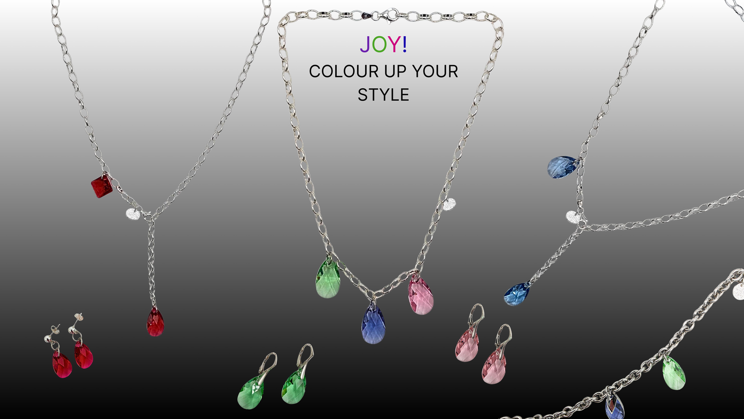 Designerschmuck Damen, handgefertigte Silberketten und Ohrringe mit bunten Kristallen – Kollektion Joy von Hug the Lioness