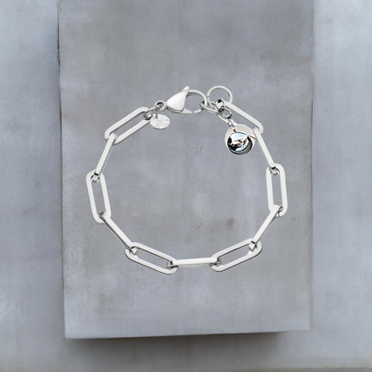Exklusive Armkette von Hug the Lioness Schmuck. Silberfarbene Armkette aus glattem Edelstahl mit weiten Kettengliedern. An einem Ende der Armkette ist eine glänzende silberne Kugel aus Sterlingsilber angebracht. Neben dem großen Karabinerverschluss ist ein kleines gehämmertes Silberplättchen angebracht.