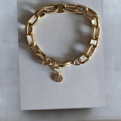 Exklusive breite goldfarbene Armkette aus Edelstahl. Die Kettenglieder sind breit und glänzend. Das Armband hat einen Karabinerverschluss, an einem Ende der Armkette ist ein 10mm gehämmertes rundes Plättchen aus vergoldetem Silber angebracht. Edelstahlschmuck von Hug the Lioness aus Österreich.
